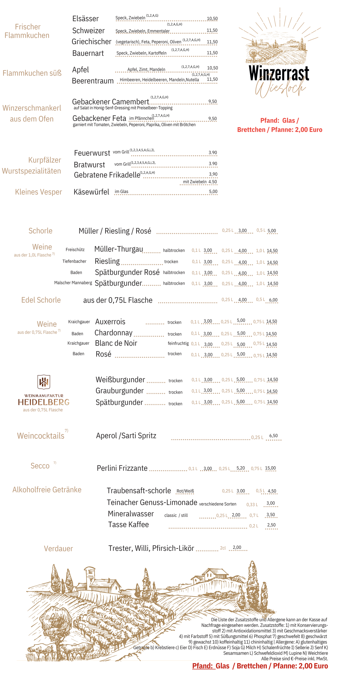 Preistafel Sommer 2026 der Winzerrast Wiesloch